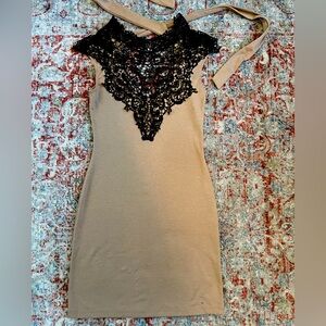 TRAC nude bodycon cocktail dress with black lace detail